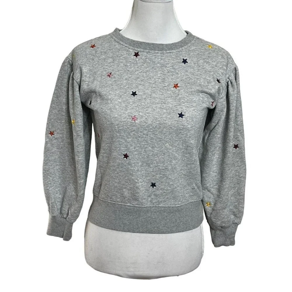 AG Adriano Goldschmied Girls Sweatshirt Medium Gray Puff Sleeve Embroidered Star
